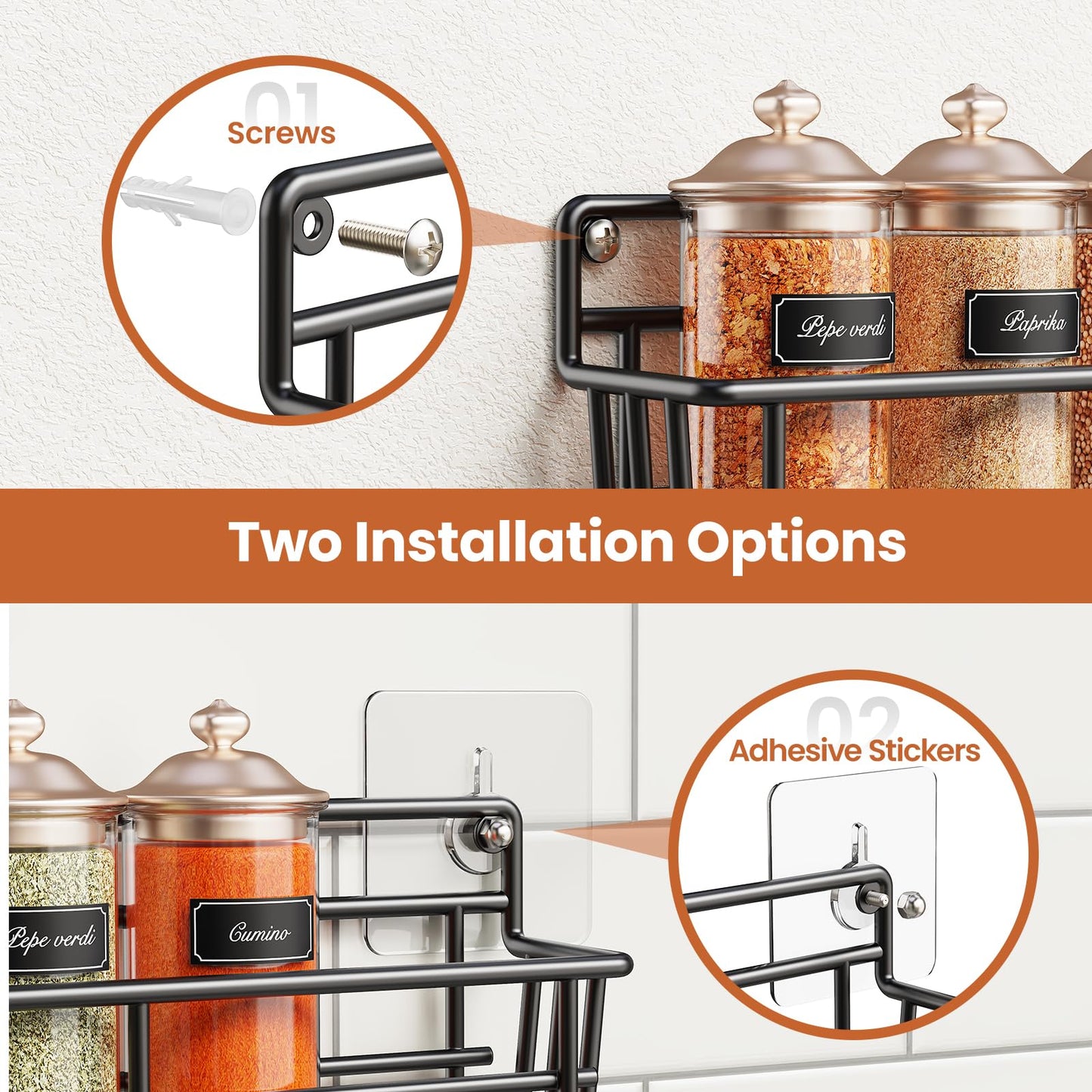5 Pack Spice Rack Seasoning Organizer Wall Mount, Screw or Adhesive Hanging Shelf Basket Spice Organizer Shelf for Kitchen, Black