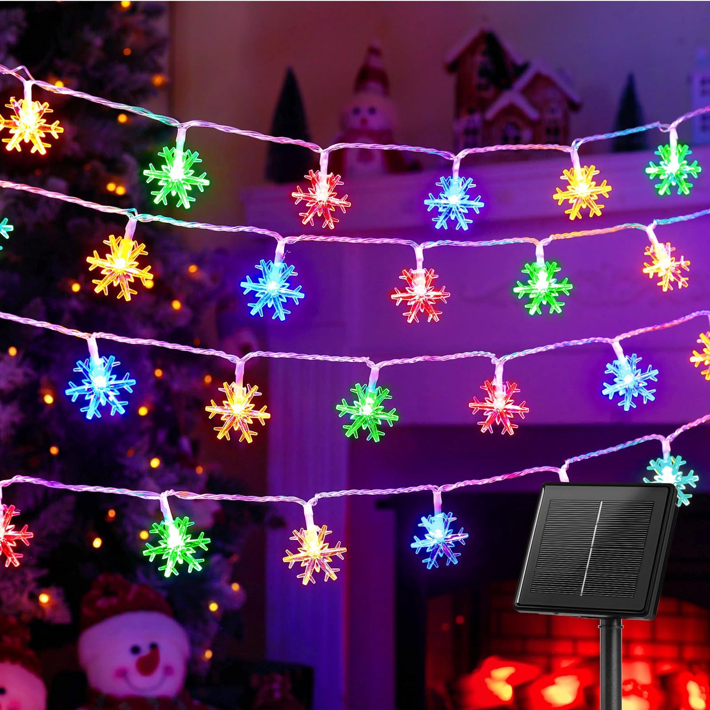 Brightown Solar Christmas Snowflake String Lights, 72FT 200 LED Outdoor Waterproof Fairy Lights with 8 Lighting Modes for Wedding, Party, Tree, Room, Garden, Patio, Yard, Home, Muliticolor