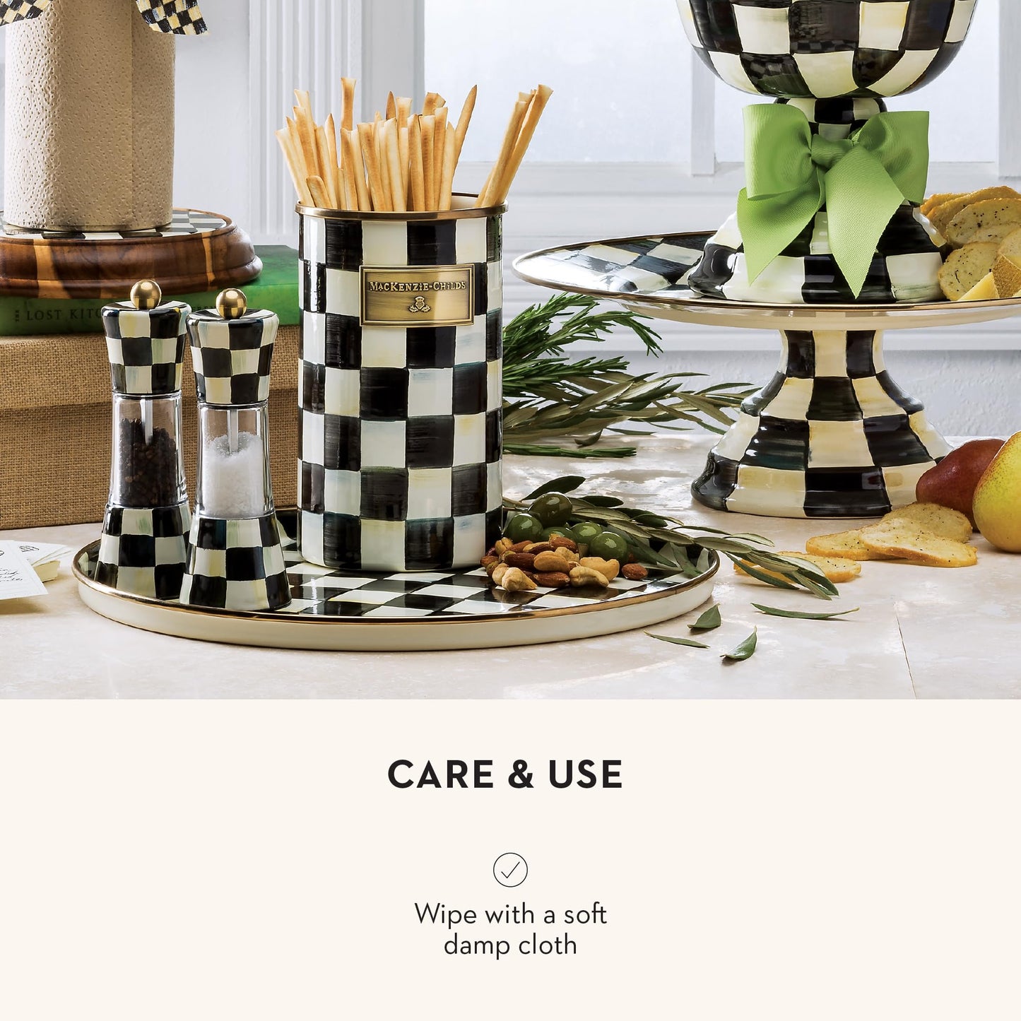 MACKENZIE-CHILDS Enamel Grinder, Refillable Manual Salt Grinder and Pepper Grinder, Black-and-White Courtly Check