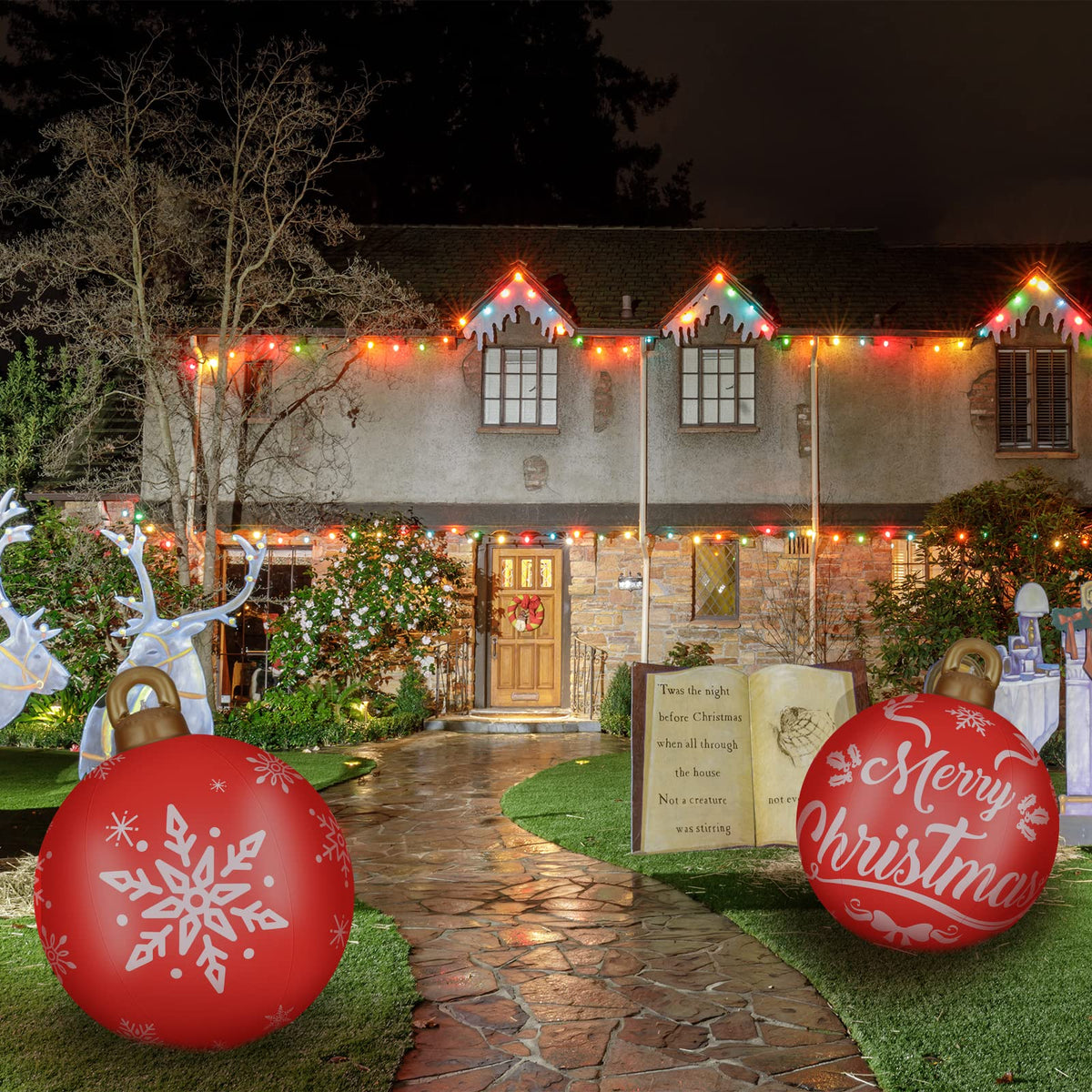 2 Pieces 32 Inch Giant PVC Inflatable Christmas Decorated Ball Ornaments Outdoor Large Xmas Blow Ball Decorations for Christmas Themed Party Ornaments(Elk Xmas Tree Style,Red)