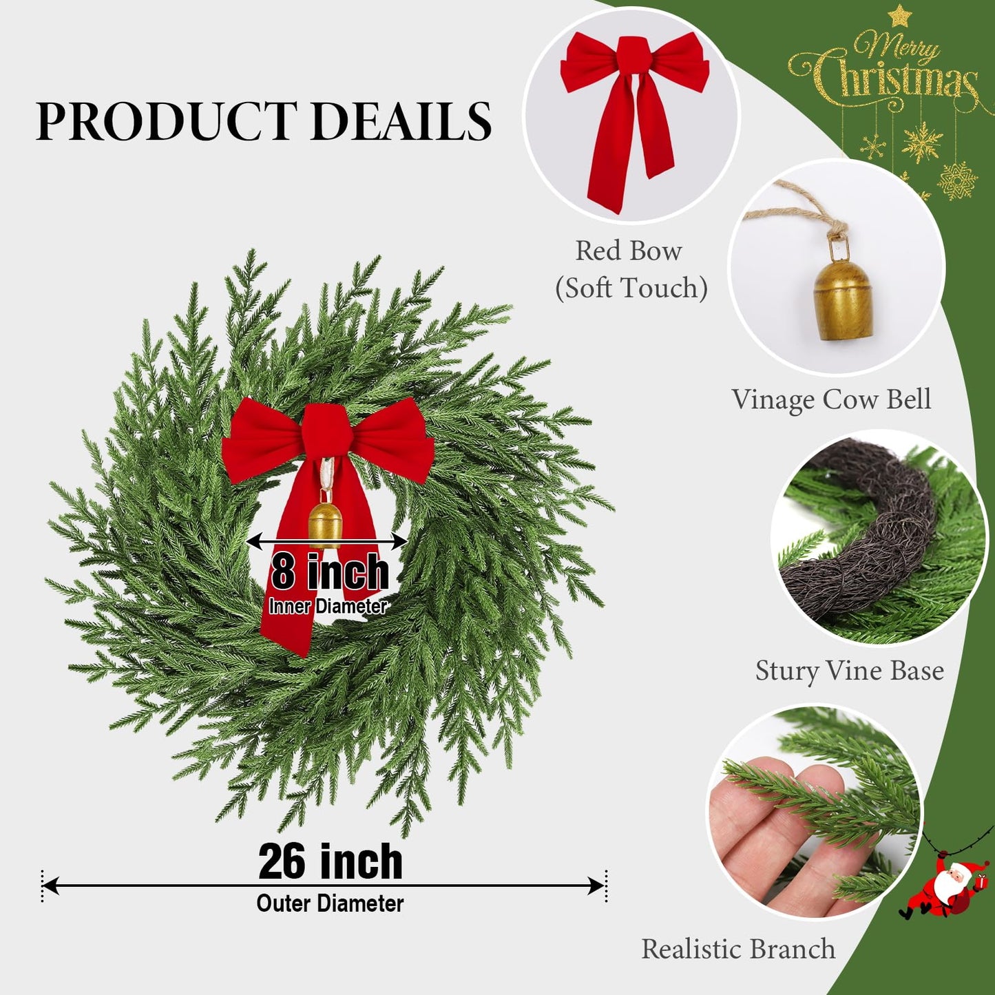 AMORISE 26" Christmas Wreath for Front Door, Artificial Wreath with Bow and Bell,Real Touch Pine Winter Wreath Christmas Decoration for Porch,Window,Wall,Thanksgiving Day Harvest Festival