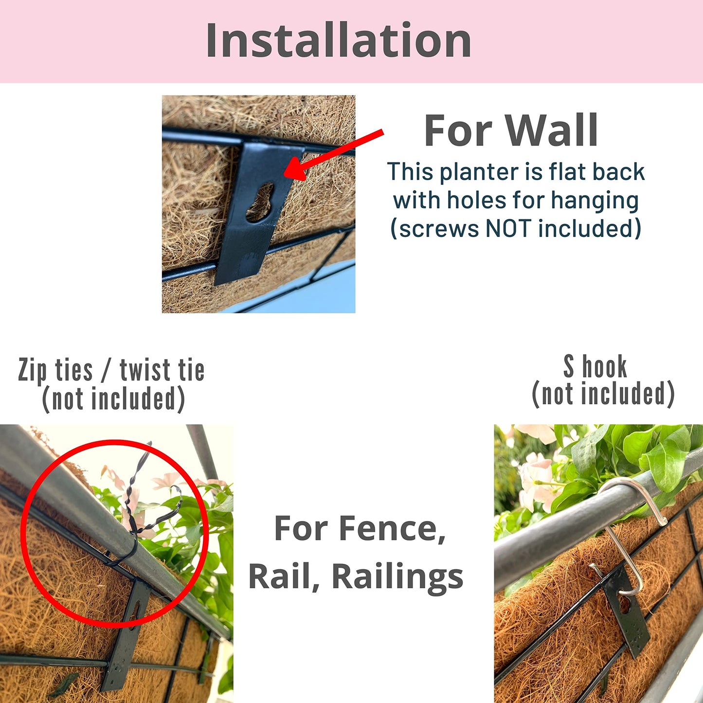 LaLaGreen Wall Mounted Planters - 16 Inch, 4 Pack Window Flower Boxes Basket Outdoor, Balcony Planter Over the Rail, Deck Railing Hanging with Coco Liners, Metal Horse Troughs Fence Patio Porch