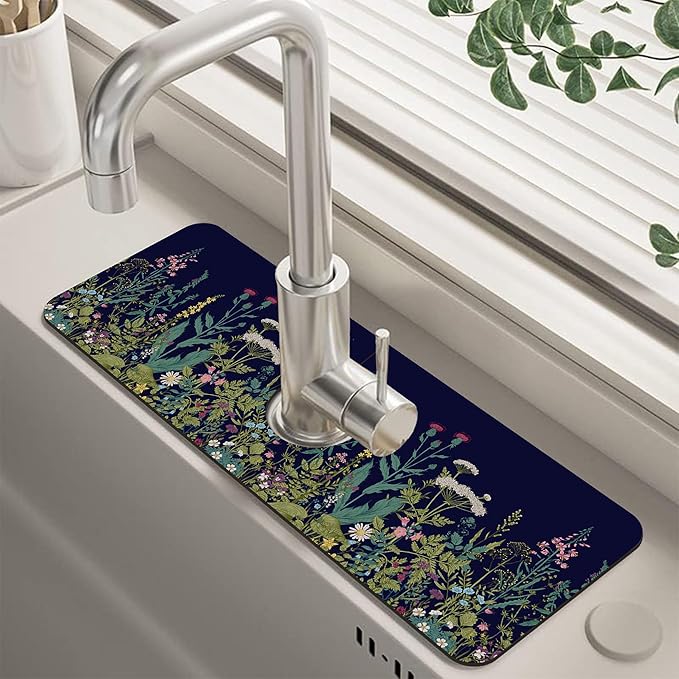 Colorful Herbs and Wild Flowers Kitchen Sink Splash Guard Faucet Mat Super