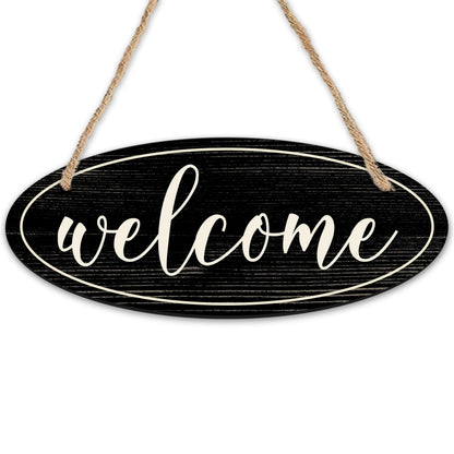 Welcome Sign - 4"X10“ Oval Wooden Hanging Sign With Sisal Ropes, Home & Office, Front Door Yard Sign, Indoor Outdoor Wall Decor & Accessories (Black & White) - B03