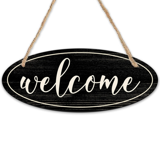 Welcome Sign - 4"X10“ Oval Wooden Hanging Sign With Sisal Ropes, Home & Office, Front Door Yard Sign, Indoor Outdoor Wall Decor & Accessories (Black & White) - B03