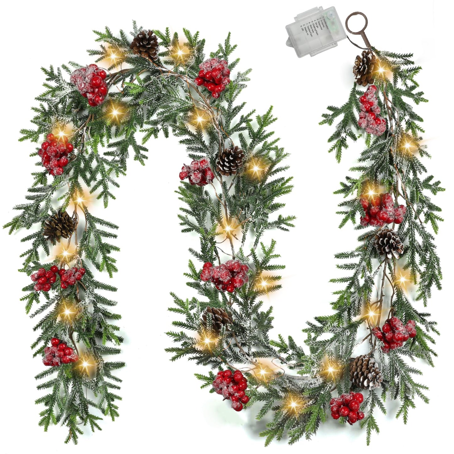6FT Christmas Garland with Lights, Christmas Decor Pre-lit Artificial Pine Garland with Battery Operated Timer, Decorations Indoor Outdoor Home Holiday Flocked Garland for Mantel Window Stairs Wall