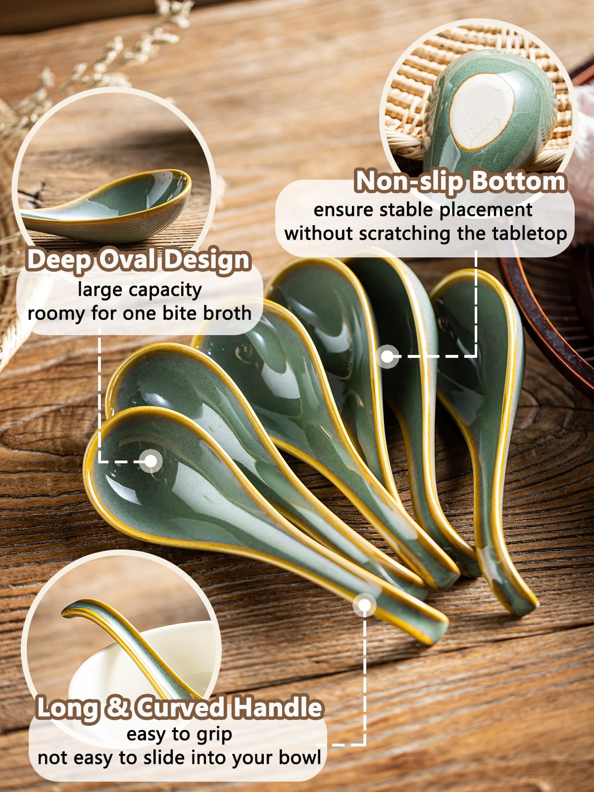 Gomakren Soup Spoons Set of 6, Asian Soup Spoons 6.5 Inch Ramen Spoons, Father's Day Christmas Ceramic Chinese Spoon Set for Soup, Cereal, Pho, Noodles, Dumpling, Dishwasher Safe, Blue-Green
