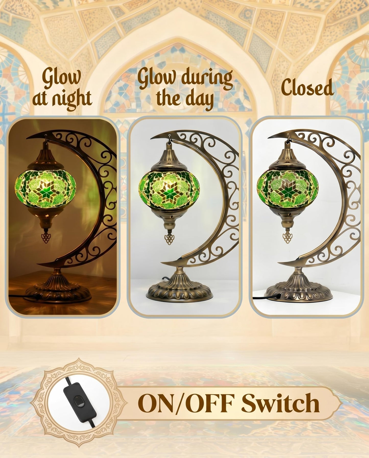 Baquler Turkish Mosaic Moon Lamp - Handmade Stained Glass Table Lamp with Metal Crescent Base, Bohemian Moroccan Bedside Night Light for Bedroom Living Room Decor, Unique Gift(Green)