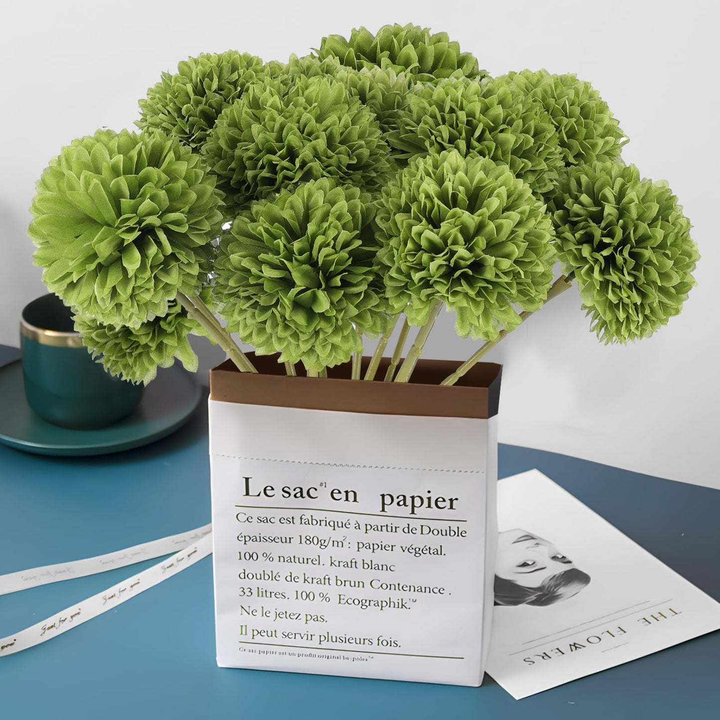 Rowfad 12 Pcs Artificial Chrysanthemums Flowers Green Flowers Silk Fake Mums Flowers for St Patricks Day Outdoor Wedding Table Centerpiece Home Decor (12, Green)