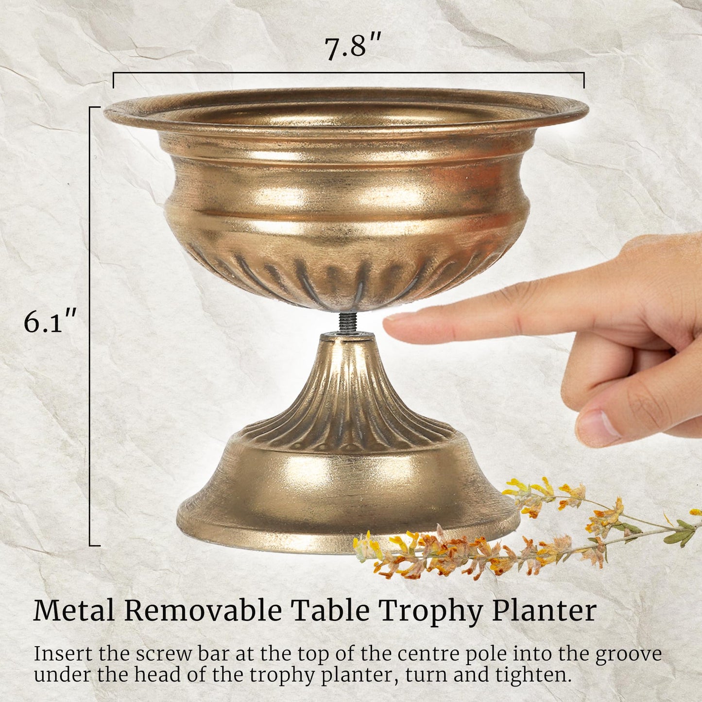 WORTH Small Urn Vases for Centerpieces Set of 2, Classic Metal Trumpet Flower Pots for Table, Bowl Vase for Wedding Party Event Home Deco (Golden, 7.8" Dia x 6.1" H), Smooth, Non-Aged Finish
