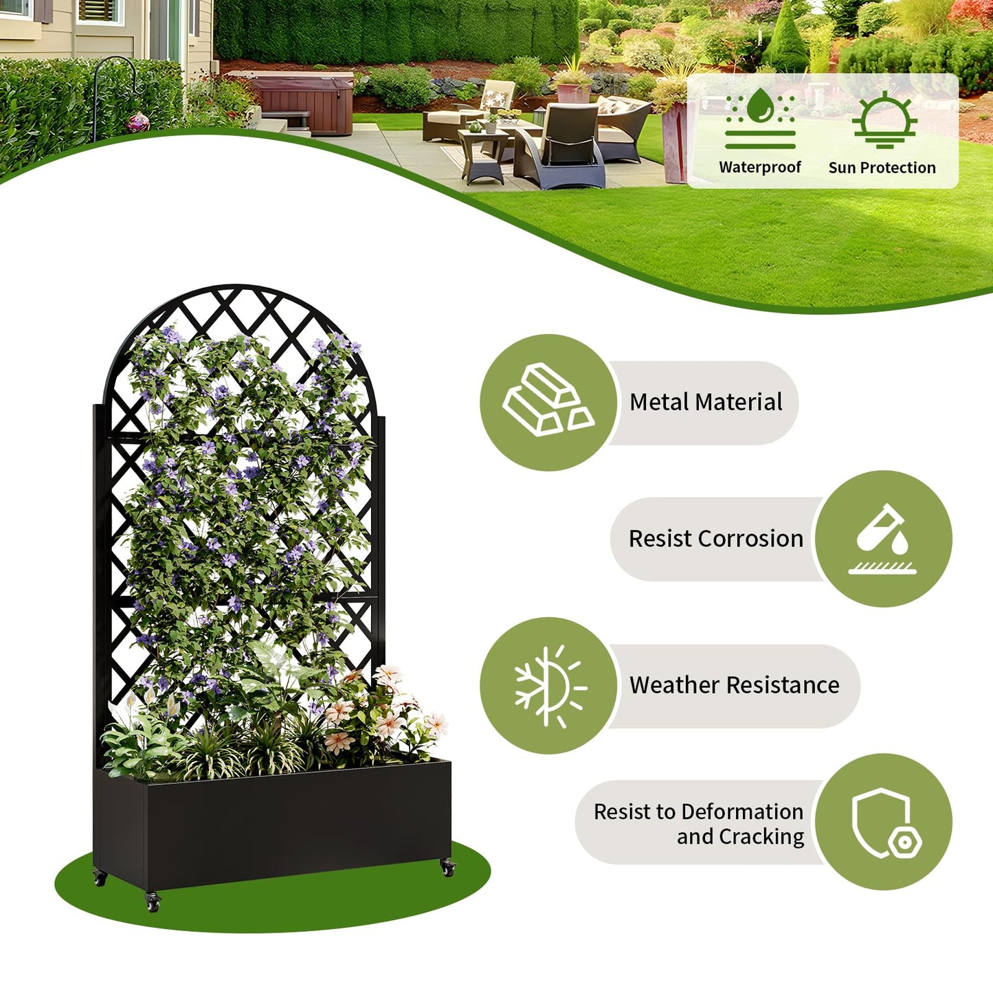 Metal Planter Box with Trellis and Wheels, 73"x35"x16" Galvanized Steel Raised Garden Bed with Drainage Holes and Privacy Screen Function for Climbing Plants, Vegetables, Flowers, and Vines–Black