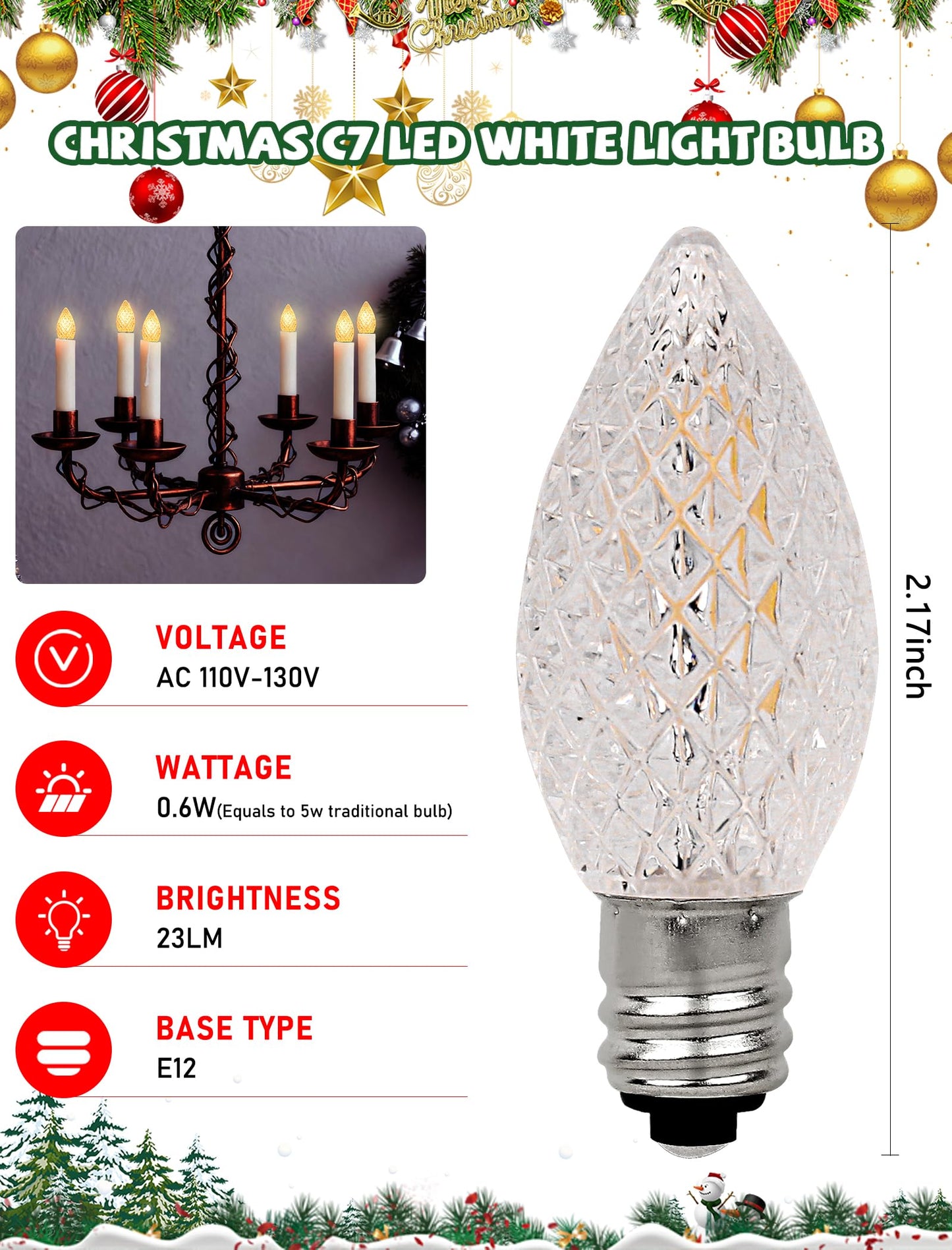 25 Pack C7 Clear LED Light Bulbs, E12 Candelabra Base Christmas Replacement Bulbs, 0.6W Shatterproof Warm White Bulbs for Outdoor Christmas String Lights, Window Candles, Chandelier, Night Light Decor