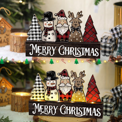 Chunful Lighted Wooden Christmas Tree Decor Rustic Christmas Tabletop Decoration Sign Xmas Tree Santa Reindeer Snowman Table Centerpieces for Home Office Fireplace Farmhouse Xmas Party Table Decor