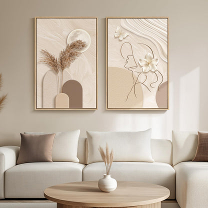 Framed Boho Sage Green Wall Art for Living Room, Large Mid Century Modern Tropical Leaf Canvas Artwork for Walls, 3 Piece Beige Orange Bohemian Wall Art Prints for Bedroom Kitchen Hallway, 16x24 Inch