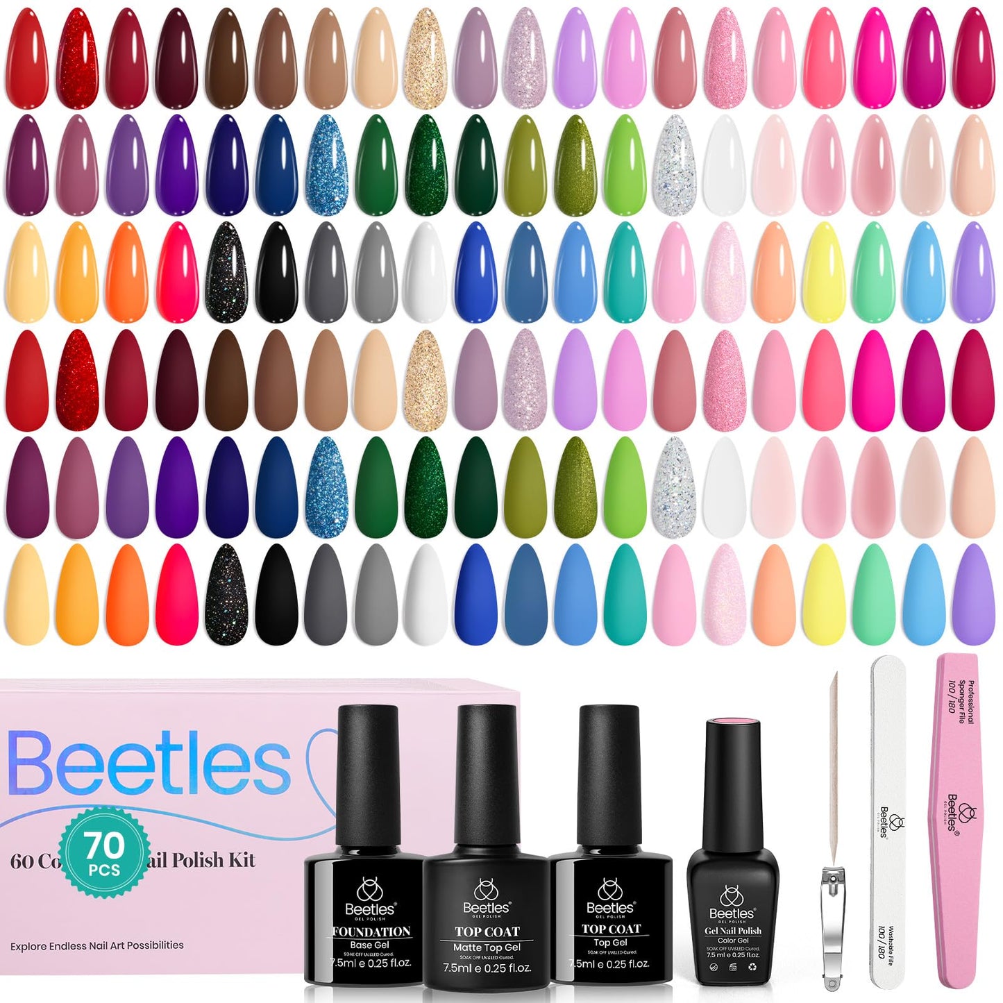 Beetles Gel Nail Polish Kit with U V Light -54 Pcs Gel Nail Kit Four Seasons Glow 32 Colors Set with Base Matte & Glossy Top Coat Soak Off Home DIY Manicure Nails Beginners Gifts for Women Teen Girls