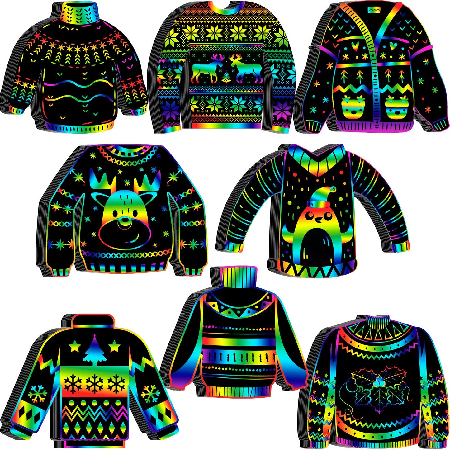 Hollowfly 80 Pcs Ugly Sweater Scratch Cards Christmas Party Favors Rainbow Christmas Tree Ornament Scratch Paper Xmas Crafts for Winter Xmas Home Classroom DIY Activities