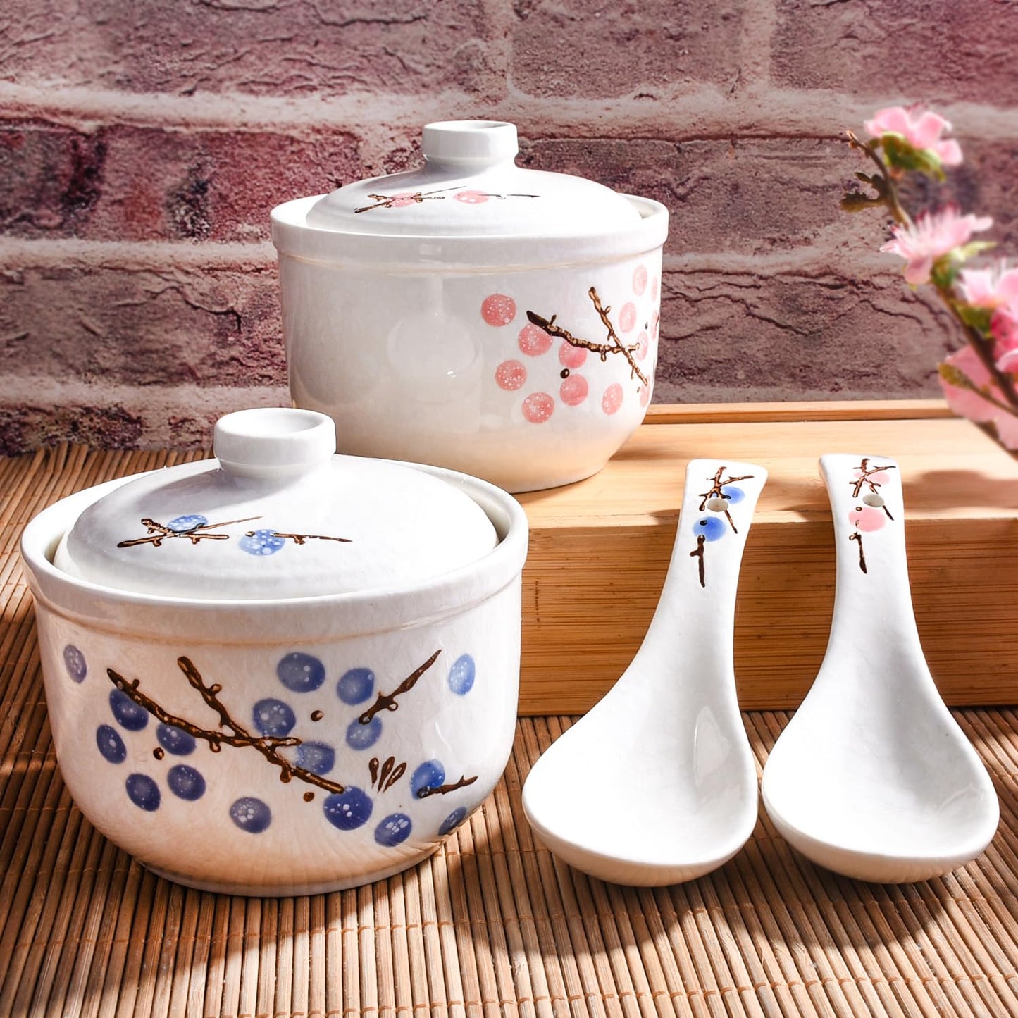Whitenesser Ceramic Stew Bowl with Lid and Spoon Set of 2, Multi-Use for Stew, Soup, Salt, Sugar and Spice, Kitchen Container