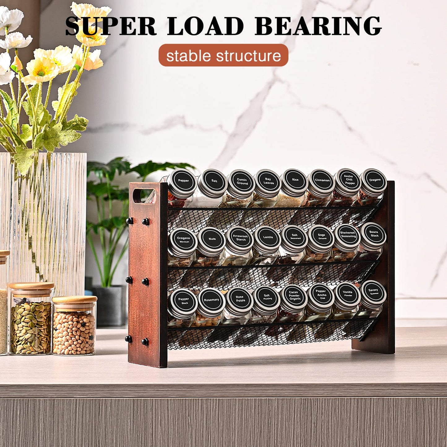 Roykoota Spice Rack, Spice Rack Organizer without Seasoning Jars, Wooden Rustic 3 Tier Kitchen Spice Organizer Shelf for Cabinet, Countertop or Wall Mount