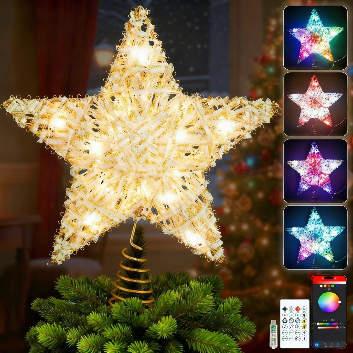 Smart Christmas Tree Topper, 9" RGB Star Tree Topper, Timer, App Control, USB Powered, Music Sync, Gold Tree Topper for Indoor Party Holiday Decor