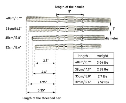 Rowland Harbor Threaded Dumbbell 12.6/14.2/14.8/15.7inch(30/35/38/40cm) curved Handles/Adjustable Dumbbell Bar Handles - Fit 1 inch Standard Weight Plate - Weightlifting Accessories - Sold in Pair