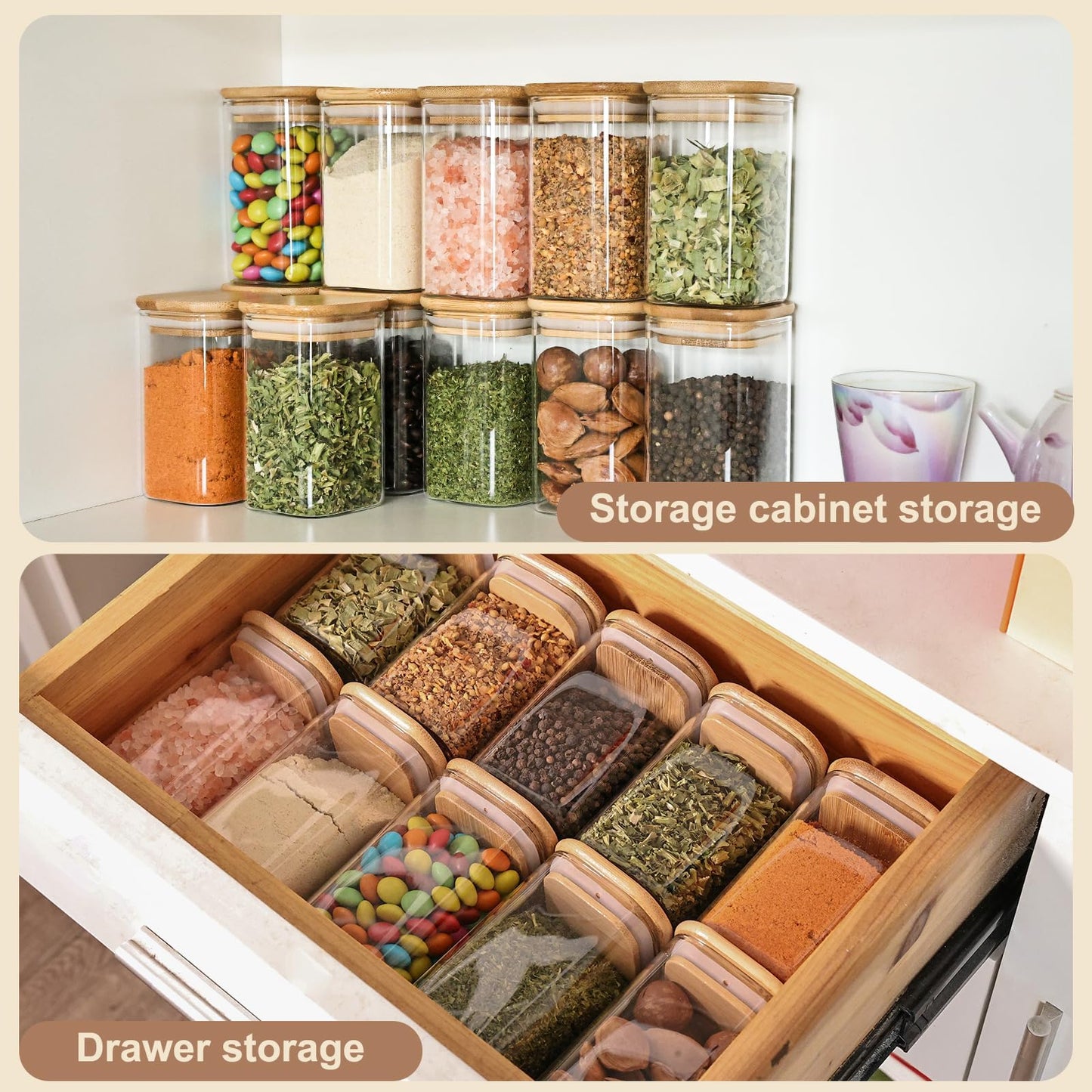 6oz Glass Spice Jars with Bamboo Lid and Label, 12 Pack Square Glass Container, Small Food Storage Containers for Kitchen, Clear Empty Seasoning Jar for Sugar, Salt, Coffee Bean, Herb, Borosilicate