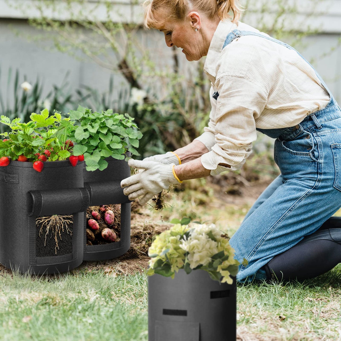 LITLANDSTAR 6 Pack 15 Gallon Potato Grow Bags, Heavy Duty Nonwoven Fabric Garden Planting Bag Plant Container with Flap and Handles, Aeration Fabric Pots for Growing Vegetable, Fruits and Flowers