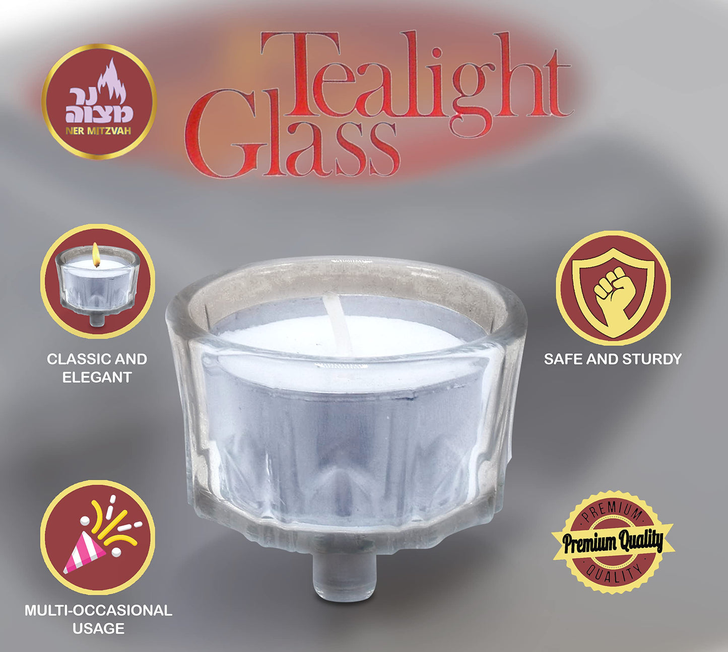 Ner Mitzvah Tea Light Holders with Tealight Candles - 2 Pack Crystal Glass Tealight Candle Holder for Candelabra and Candlesticks - Safety Rubber Set Included - Fits All Standard Tealights