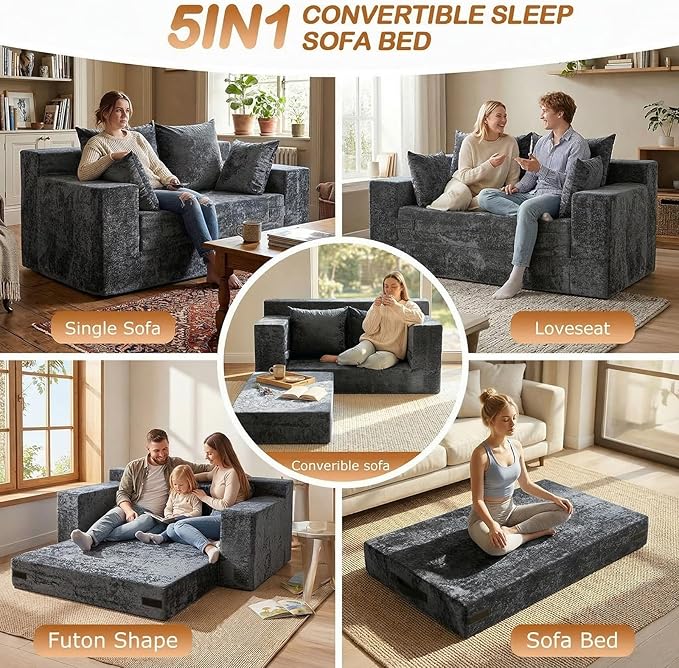 Loveseat Sofa Bed, Convertible Silky Velvet 5-in-1 Foldable Boneless Sleeper