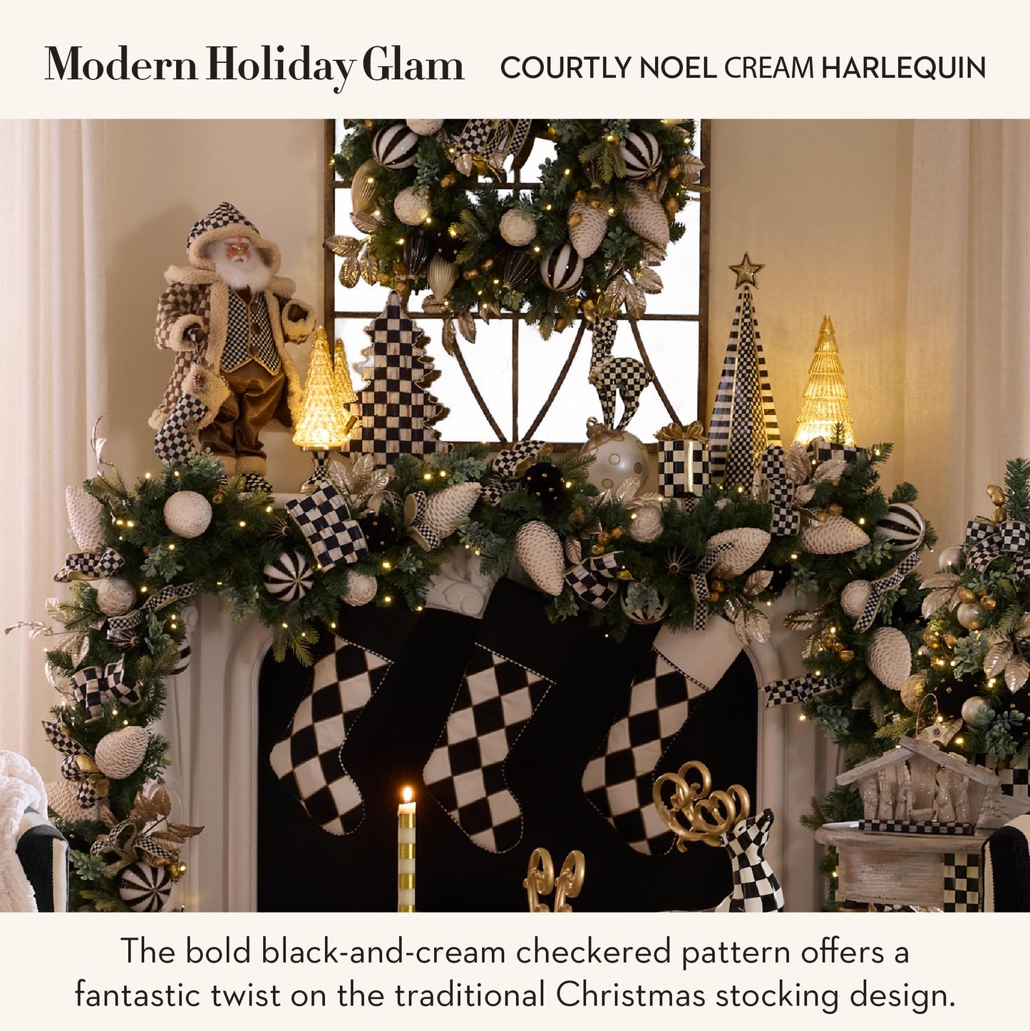 MACKENZIE-CHILDS Stocking, Decorative Polyester Holiday Stocking for Christmas, 7" x 20", Black-and-Off-White Courtly Noel Cream Harlequin