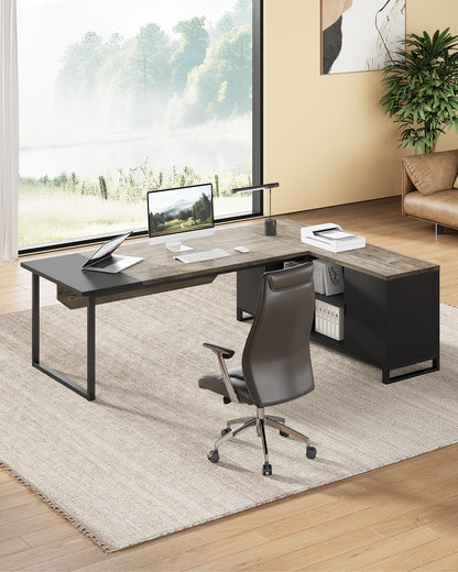 LITTLE TREE 70.8 Inches Executive Desk and 55 Inches File Cabinet Combo, Large L Shaped Computer Desk with Storage Cabinet and Shelves, Modern Business Furniture for Home Office, Grey & Black