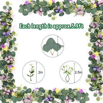 Waipfaru 2Pcs Eucalyptus Garland with Daisy 3D Butterfly, Green Garland with Flowers, 5.9FT Artificial Faux Eucalyptus Leaves Vines for Table Mantle Home Wedding Party Indoor Outdoor Decor