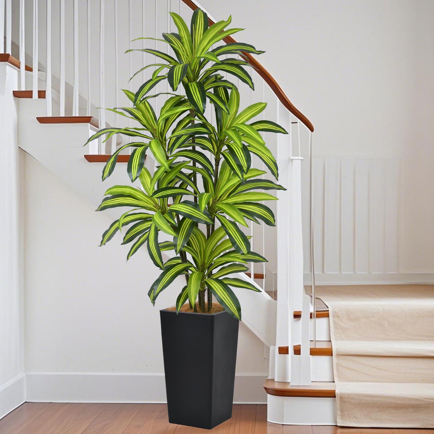 Artificial Dracaena Tree 6FT(72in) Tall Fake Silk Yucca Tree with Black Planter, Faux Floor Potted Artificial Plants for Home Office Living Room Indoor Decor (6feet,Tall Pot)