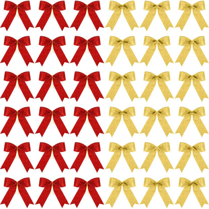 Sumind 36 Pieces Red Gold Christmas Tree Glitter Bows, 5 x 4 Inch Tie Ribbon Twist Tie Bows for Treat Bags Gift Wrapping Basket Wedding Birthday Valentine Christmas Tree Wreath Garland Decoration