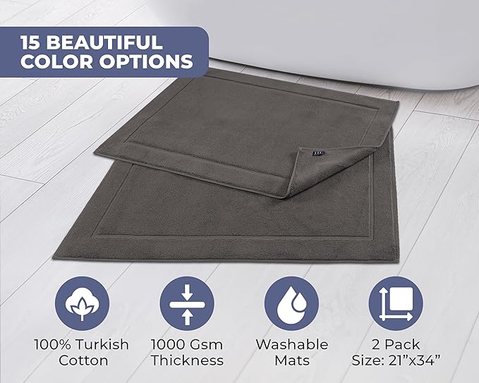 Hawmam Linen Cool Grey Bath Mats, 21 x 34 inches, Banded Design, Highly