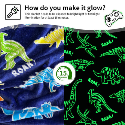 TEHALK Dinosaur Glow in The Dark Blanket for Boys/Girls/Toddler/Baby, Dinosaur Toys for Boy Age 3-12, Cute Funny Kids Throw Blanket for Birthday/Gifts 40"x 60"