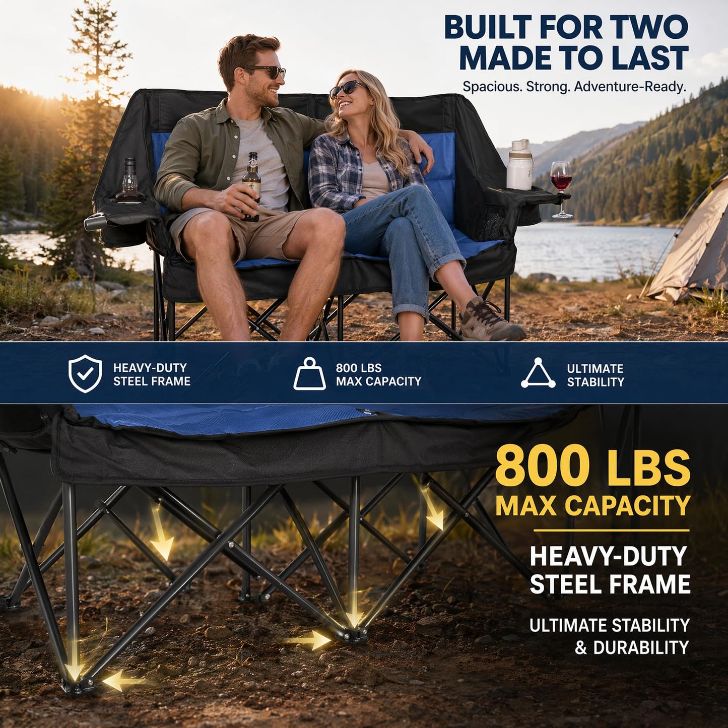 Double Camping Chairs for Adults Folding Loveseat, Heavy Duty Oversized 2 Person Camping Couch Outdoor Portable Folding Chair for Lawn, Patio, Beach