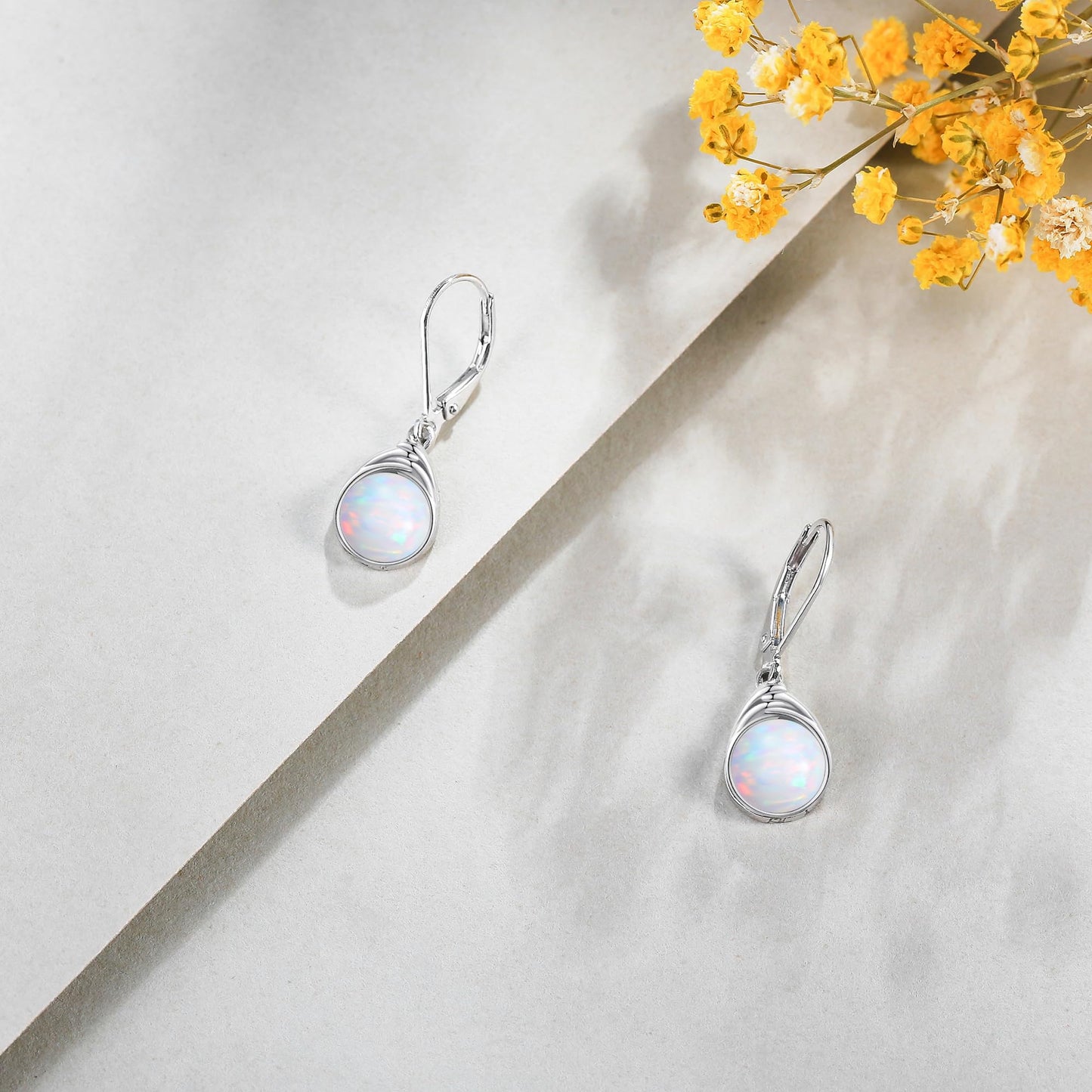 POPLYKE Opal Earrings Dangle for Women Sterling Silver Round White Opal Leverback Earrings White Opal Earrings Jewelry