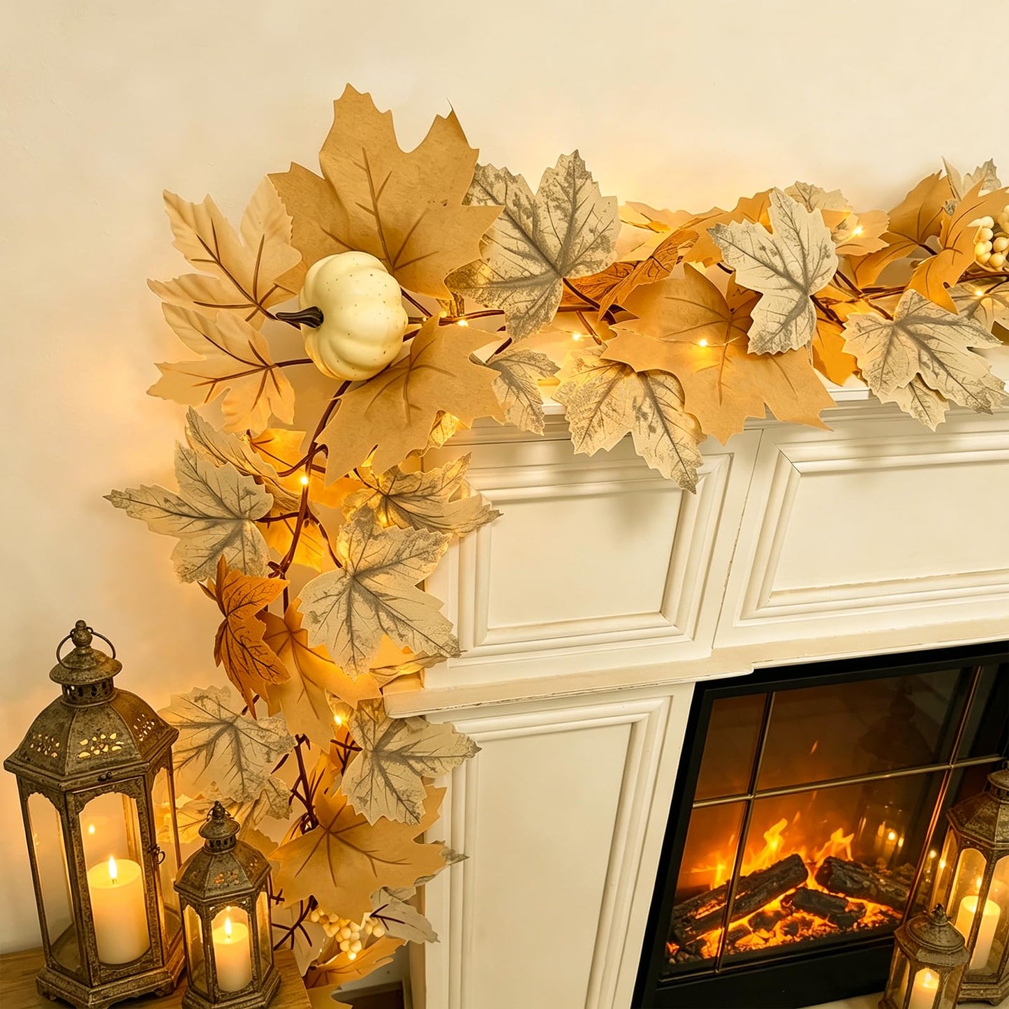 2 Pack Fall Garland Maple Leaf with Lights Fall Decor, 6Ft/Piece Fake Leaves Pumpkin Berry Vine Autumn Foliage Garland for Mantle Fireplace Halloween Thanksgiving Decorations Christmas Home Decor