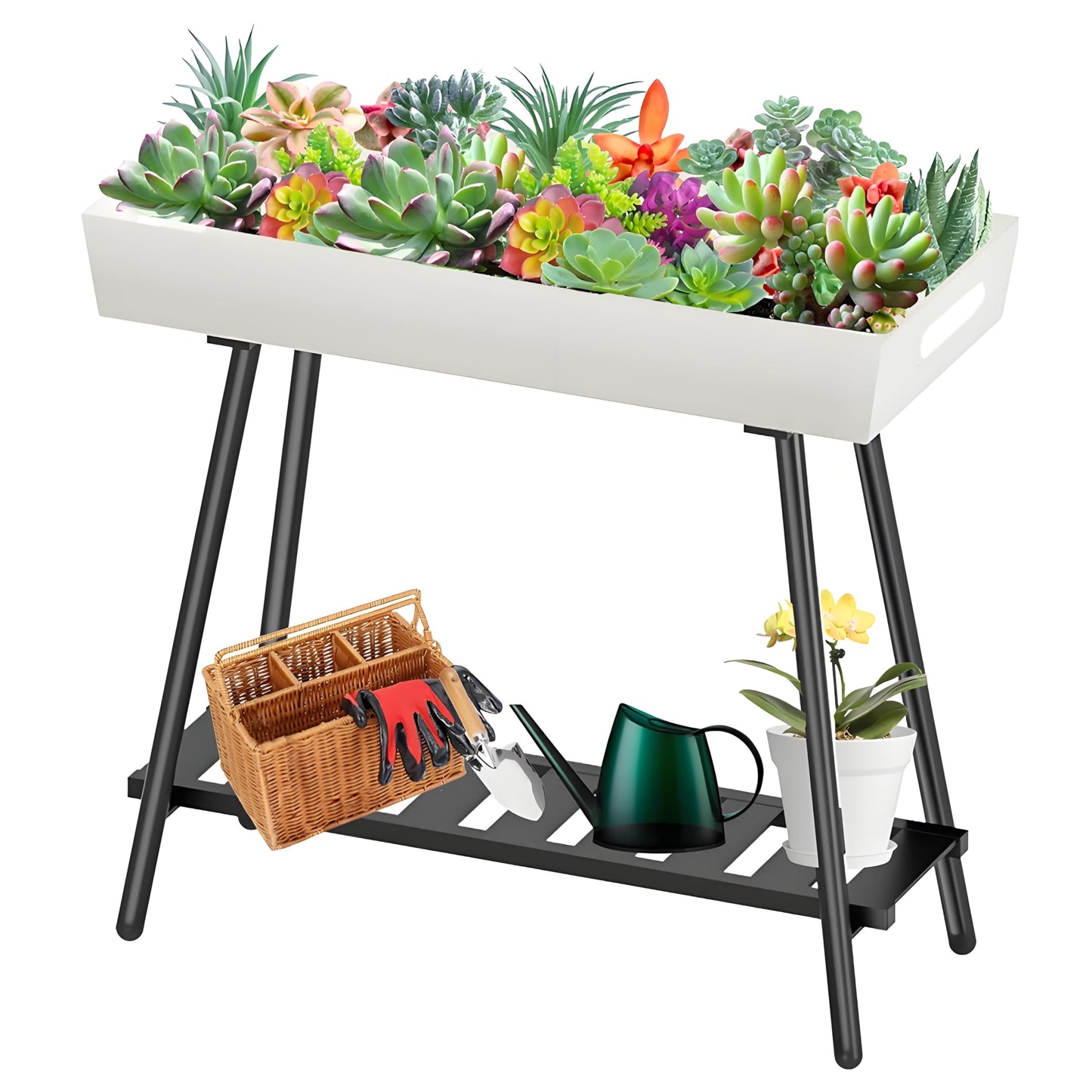 DHYGOTFUR 2-Tier Aluminum Plant Stand Indoor Outdoor with Built-in Handles, Anti-Fall Top Storage Box, Heavy Duty Multi-Use Plant Rack & Display Shelf for Patio Garden Lawn Balcony Living Room