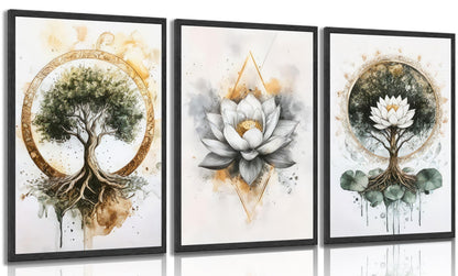 3PCS Zen Meditation Lotus Wall Art Spiritual Bathroom Yoga Spa Posters Prints Artwork Tree of Life Paintings Pictures Wall Decor for Living Room Office Bedroom Home Decoration Unframed.