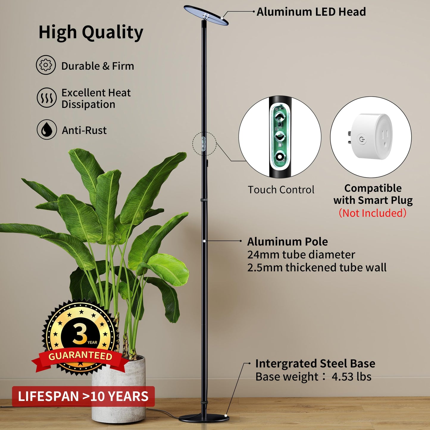 chiphy Grow Lights, 85" Full Spectrum Plant Light for Indoor Plants, 40W Grow Lamp, 10 Dimmable Brightness, Height Adjustable, Ideal for Large Tall Plants
