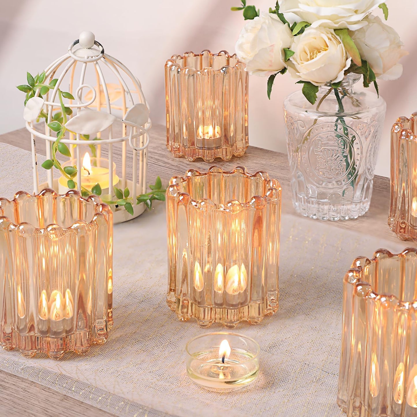 HAVITI 6 Pcs Votive Candle Holder, Gold Glass Large Candle Holders, Tealight Candle Holder for Fall Wedding Centerpieces Dinner Party Table Decor