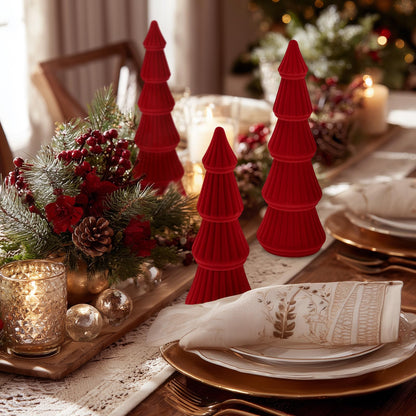 Fivebop Wooden Christmas Tree Figurine, 3 Pcs Tabletop Xmas Tree, Christmas Centerpiece Decor for Home Entryway Mantel Shelf Table Fireplace Holiday (Red-Wood & Velvet)