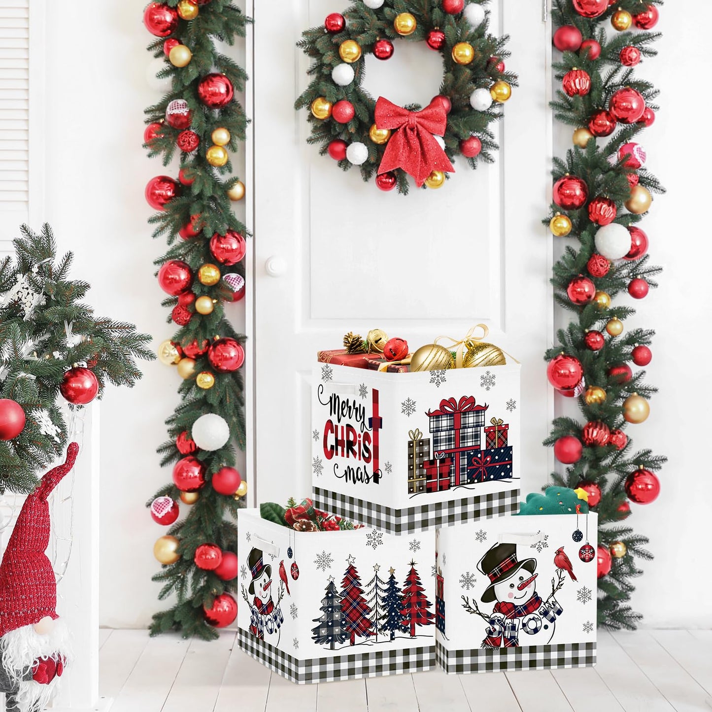 Clastyle 3 Pcs Large Christmas Tree Storage Basket Set Santa Claus Candy Snowman Book Toy Basket Snowflake Xmas Gift Storage Bins Boxes for Laundry Nursery Home,Red Black Snowman,11.8x11.8x11.8 in