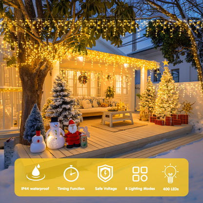 JMEXSUSS 38.8FT Icicle Lights for Outside, 400 LED Icicle Christmas Lights Outdoor Indoor Plug in, Warm White String Lights for Christmas House Patio Party Fireplace Holiday Decorations