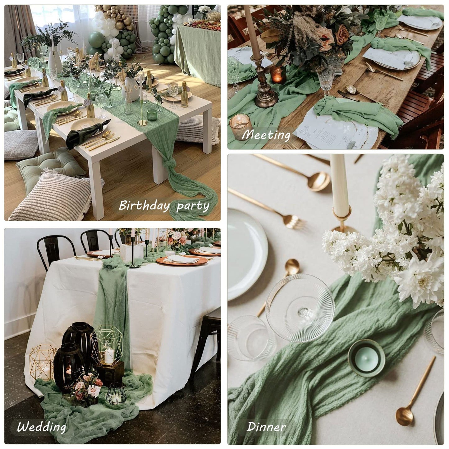 12 Pack 10Ft Cheesecloth Table Runner 35x120 Inch Boho Gauze Table Runner Cheese Cloth Long Romantic Table Runners for Wedding Bridal Shower Birthday Party Table Decor (Dusty Sage Green)