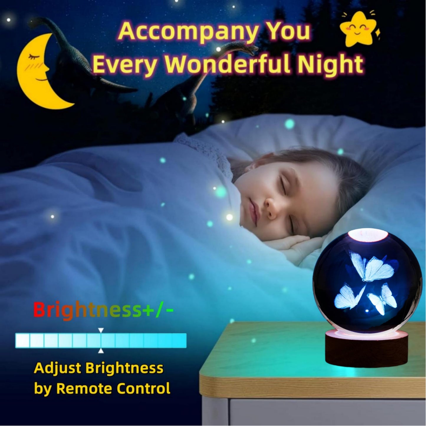 DIGFPWT Butterfly Crystal Ball Night Light, 3.15 Inch 3D Butterflies Crystal Lamp with LED Wooden Base, 16 Colors Change with Remote Control, Gift Box Packing, Gifts Ideas for Friends (Butterfly)