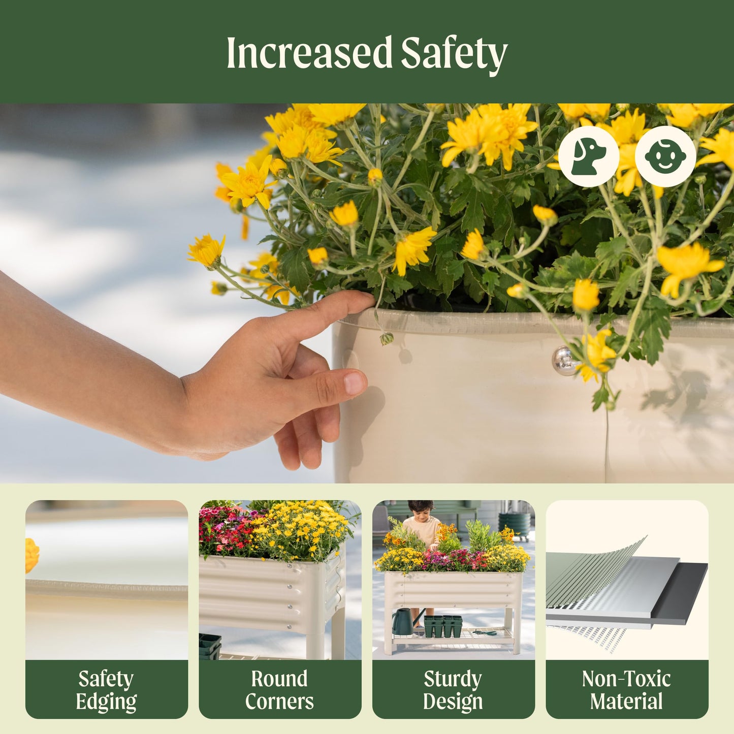 Elevated Raised Garden Bed for Kids Toddler, 16"(W) x 36" (L) x 22"(H) Outdoor Planters Box with Legs & Storage Rack, Solid & Safe Raised Beds for Gardening Herbs Vegetables Flowers, Olive Green