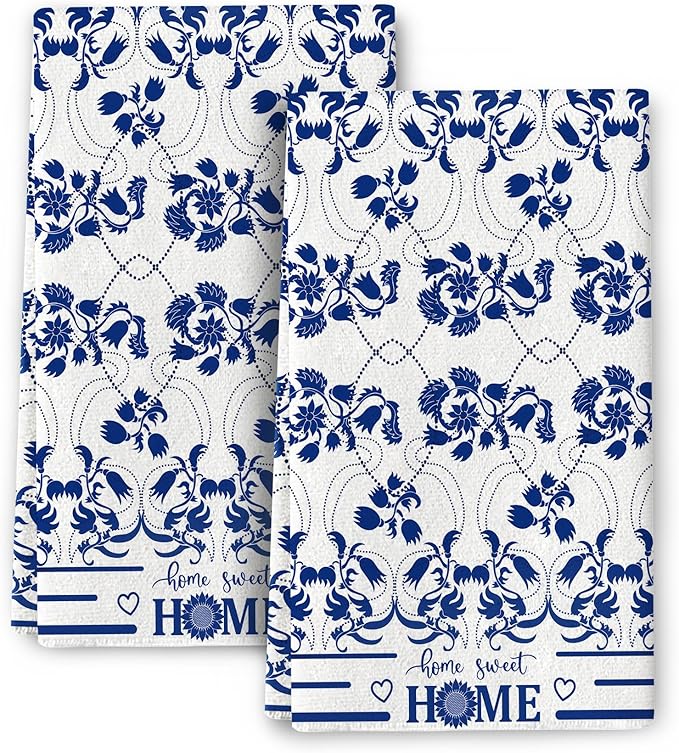 Blue Kitchen Towels Decorative Set of 2, Absorbent Boho Floral Dish Towels