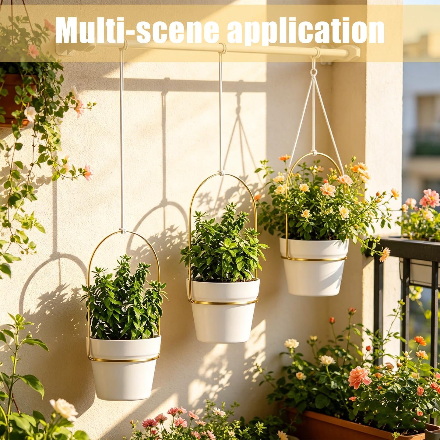 Hanging Flower Pots Set of 3, Indoor/Outdoor Plant Holder with Rod & Chain, Window Herb Garden Planter Shelves - Space-Saving Wall Mounted Pot Set for Succulents, Vines & Flowers (Black)